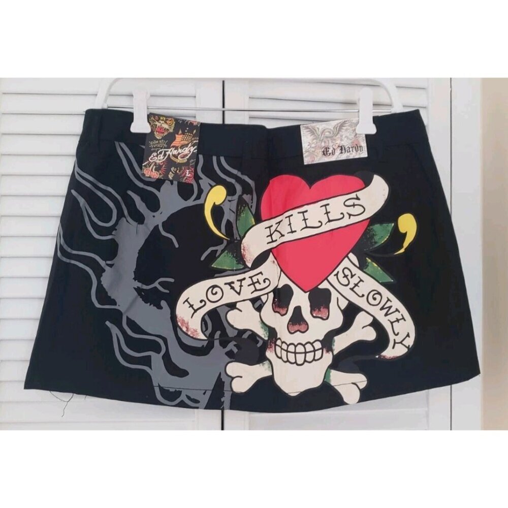 NWT ED HARDY WOMEN'S LKS SKULL SKIRT BLACK POPLIN LARGE - Picture 4 of 7